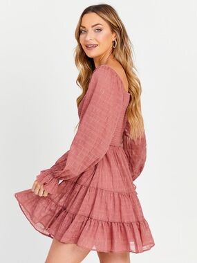 Altar'd State Dusty Rose Tiered Long-Sleeve Mini Dress